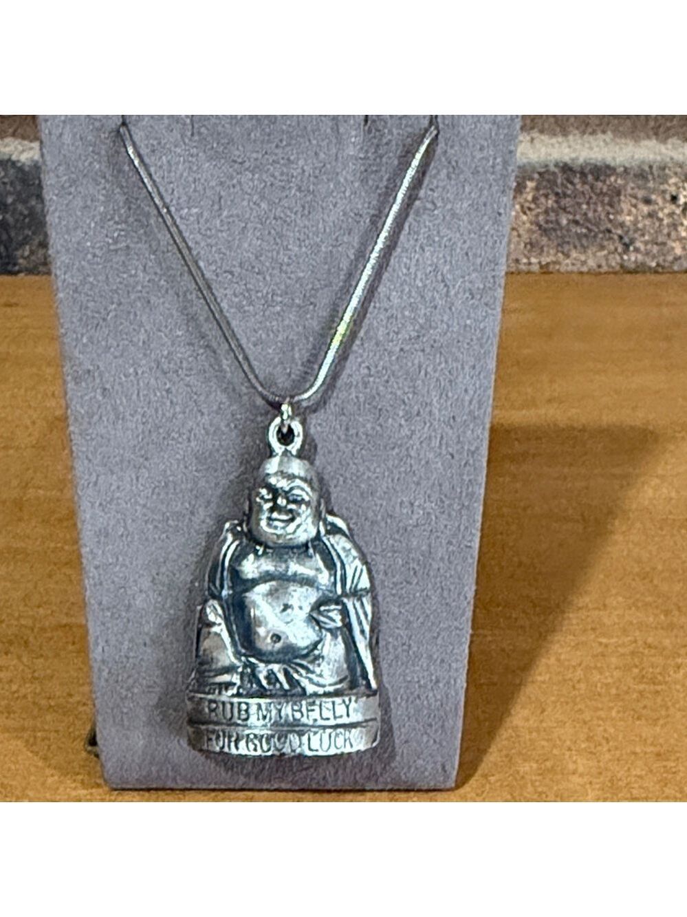 Vintage Buddha “Rub My Belly For Good Luck” silver tone pendant and necklace